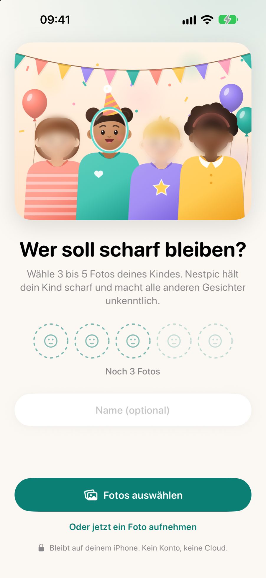Der erste Bildschirm von Nestpic, der fragt, wer scharf bleiben soll