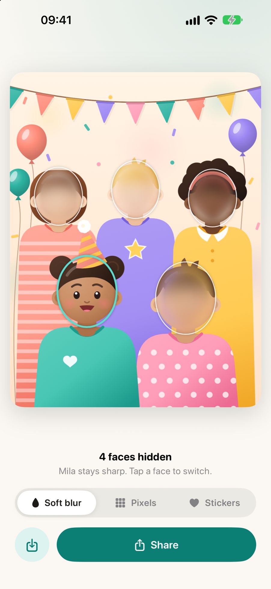 A group photo in Nestpic with every other face blurred