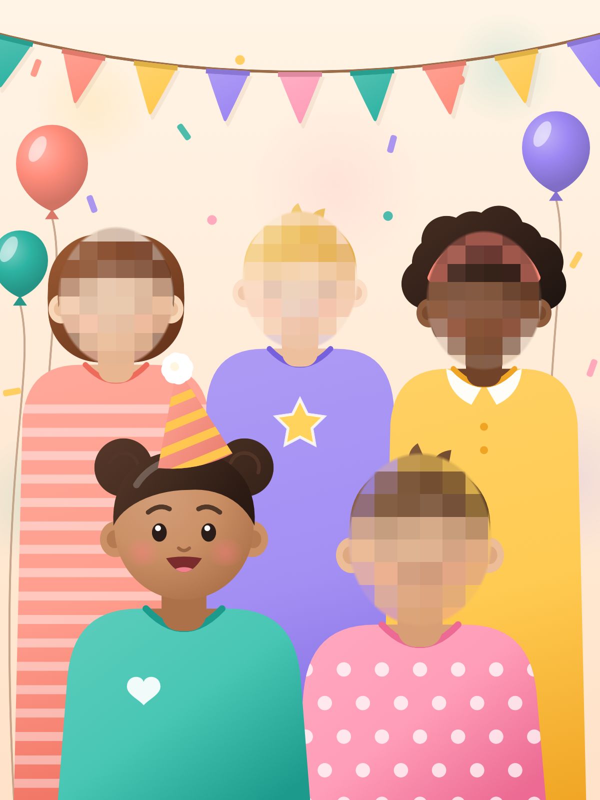 The same group photo with the other children hidden: Pixels